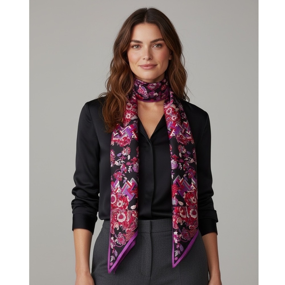 Oscar de la Renta Vintage Silk Skinny Scarf Floral Geometric Magenta Black Japan